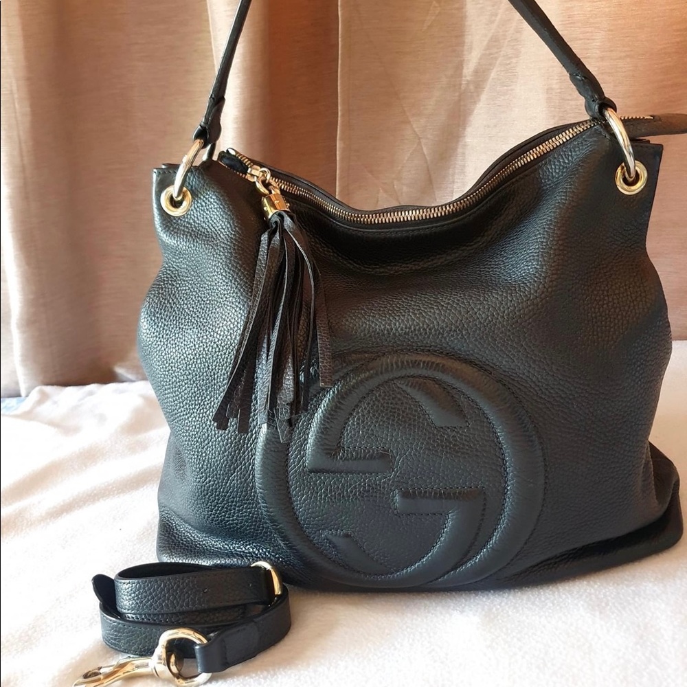 Gucci Soho Black Pebbled Leather Hobo Shoulder Bag Crossbody Tassel